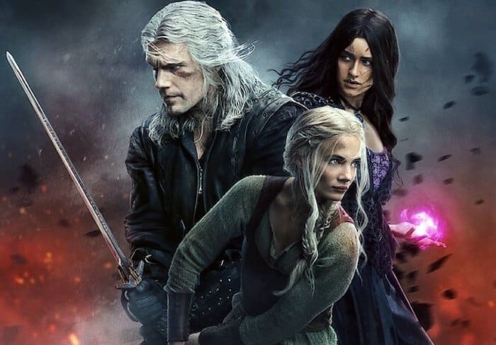 Personagens de The Witcher em cena épica, ideal para fãs explorarem com Filmes IPTV.