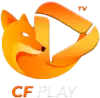 Logo da CF Play, empresa de IPTV, com design de raposa e símbolo de play.