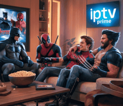 Super-heróis assistindo TV juntos em uma sala após contratarem nosso Plano IPTV.