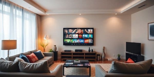 Sala moderna com TV exibindo interface Lista Gratis IPTV.